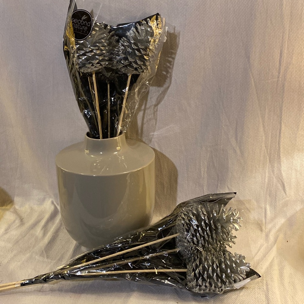 Large silver planter stick pinecones